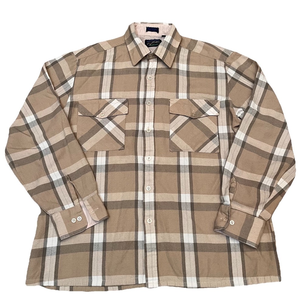 Vintage Backpacker Mens Plaid Flannel Shirt Size L Tan Beige 100% Acrylic